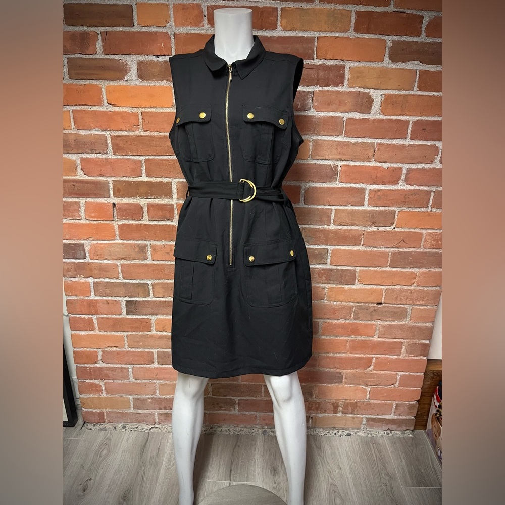 Sleeveless Black Military Style Belted Dresss